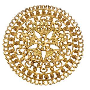 Gold Tone Round Heart Medallion Etruscan Statement Brooch K880